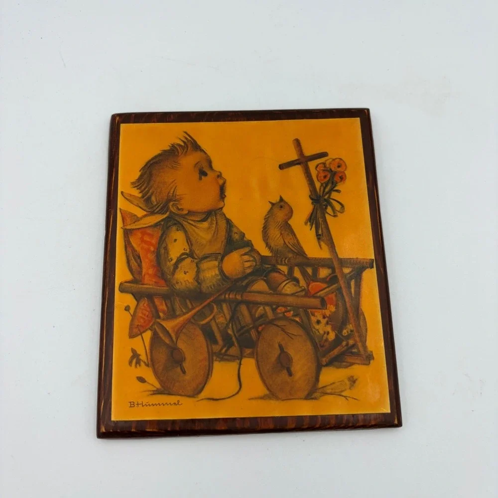 Vintage B Hummel Child with Bird Cart Wall Plaque Art‎ Wood Framed 1975
